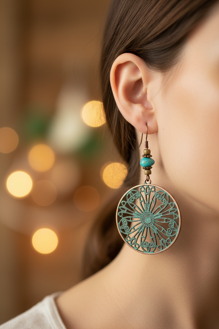 Teal filigree mandala disc earrings worn on ear with earthy bokeh background