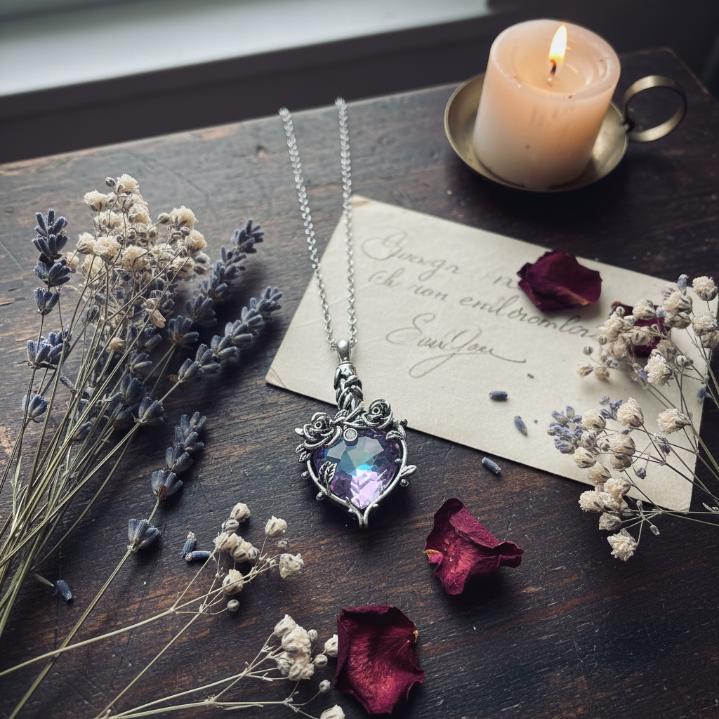 Rose heart memorial urn necklace melancholic lifestyle flat lay