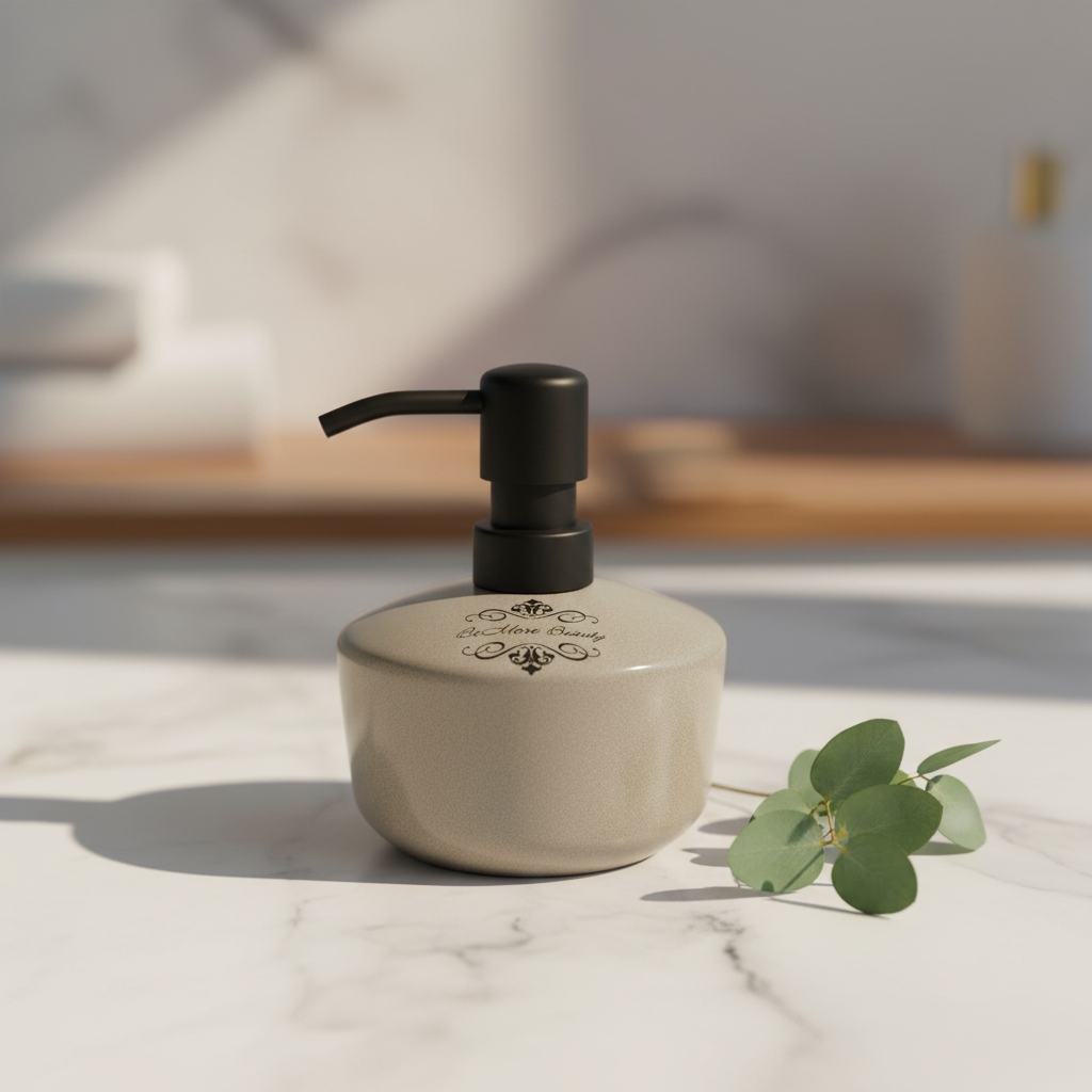 BeMore Dispenser on white marble with eucalyptus sprig