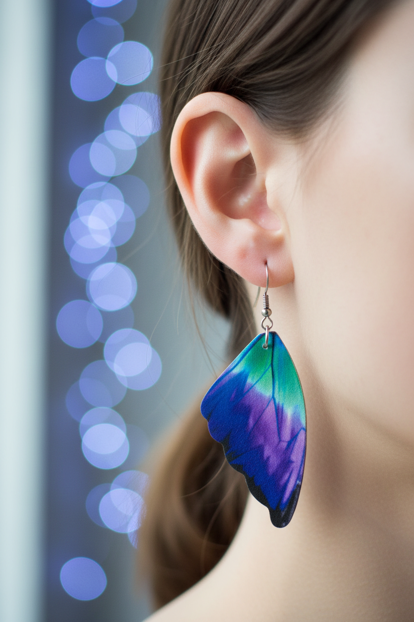 Electric blue teal purple butterfly wing earrings worn on ear with blue-purple bokeh