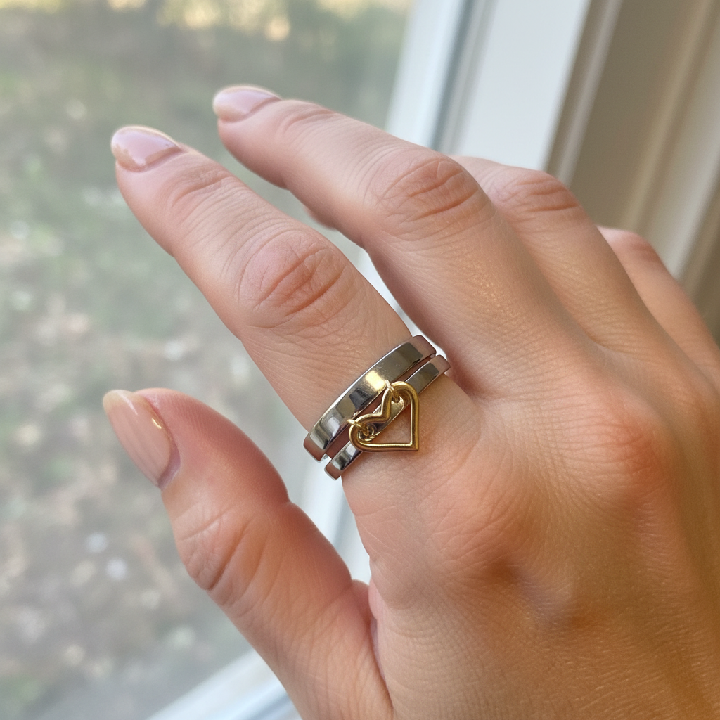 BeMore Heart Series Double Band Dangling Heart Ring Two Tone worn on hand
