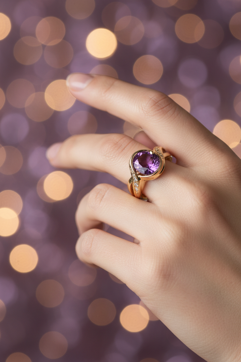 Gold amethyst ring with twisted band worn on elegant finger with purple and gold bokeh