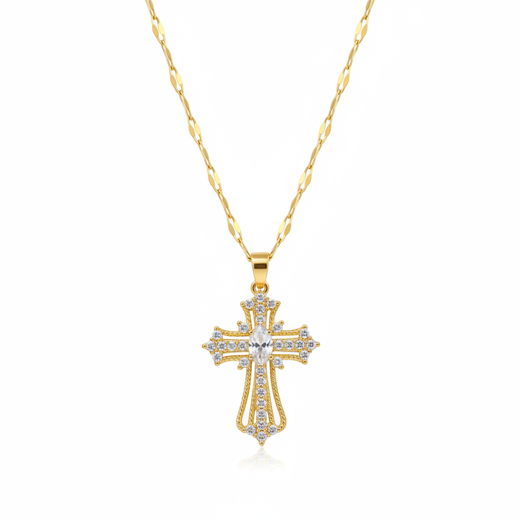 Gold-plated baroque cross necklace with marquise crystal and pavé cubic zirconia on pure white background