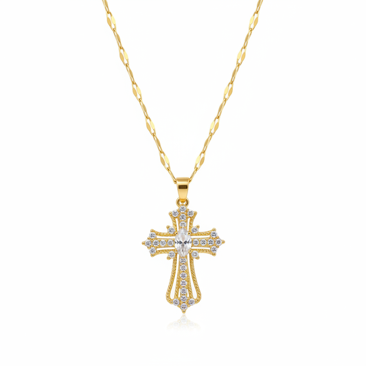 Gold-plated baroque cross necklace with marquise crystal and pavé cubic zirconia on pure white background