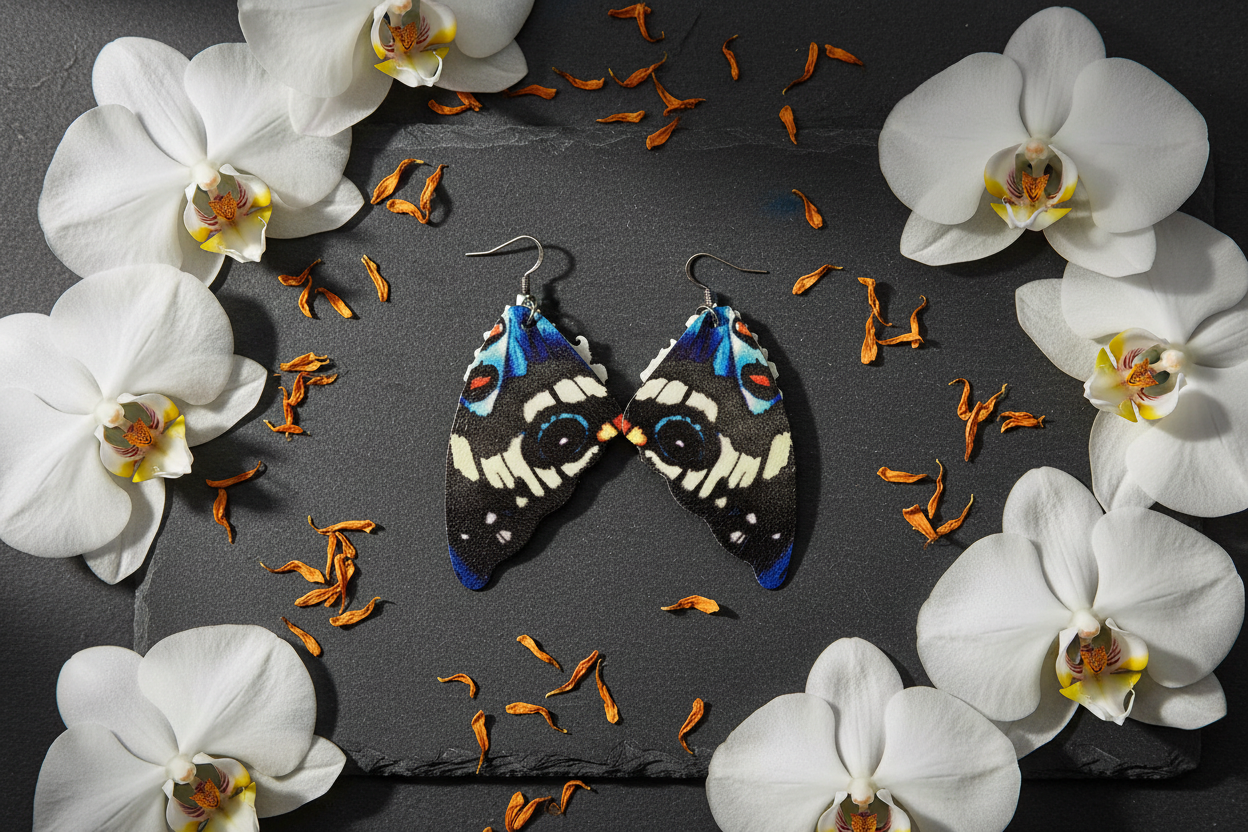 Dramatic black white butterfly wing earrings flat lay on dark slate with white orchids and orange petals