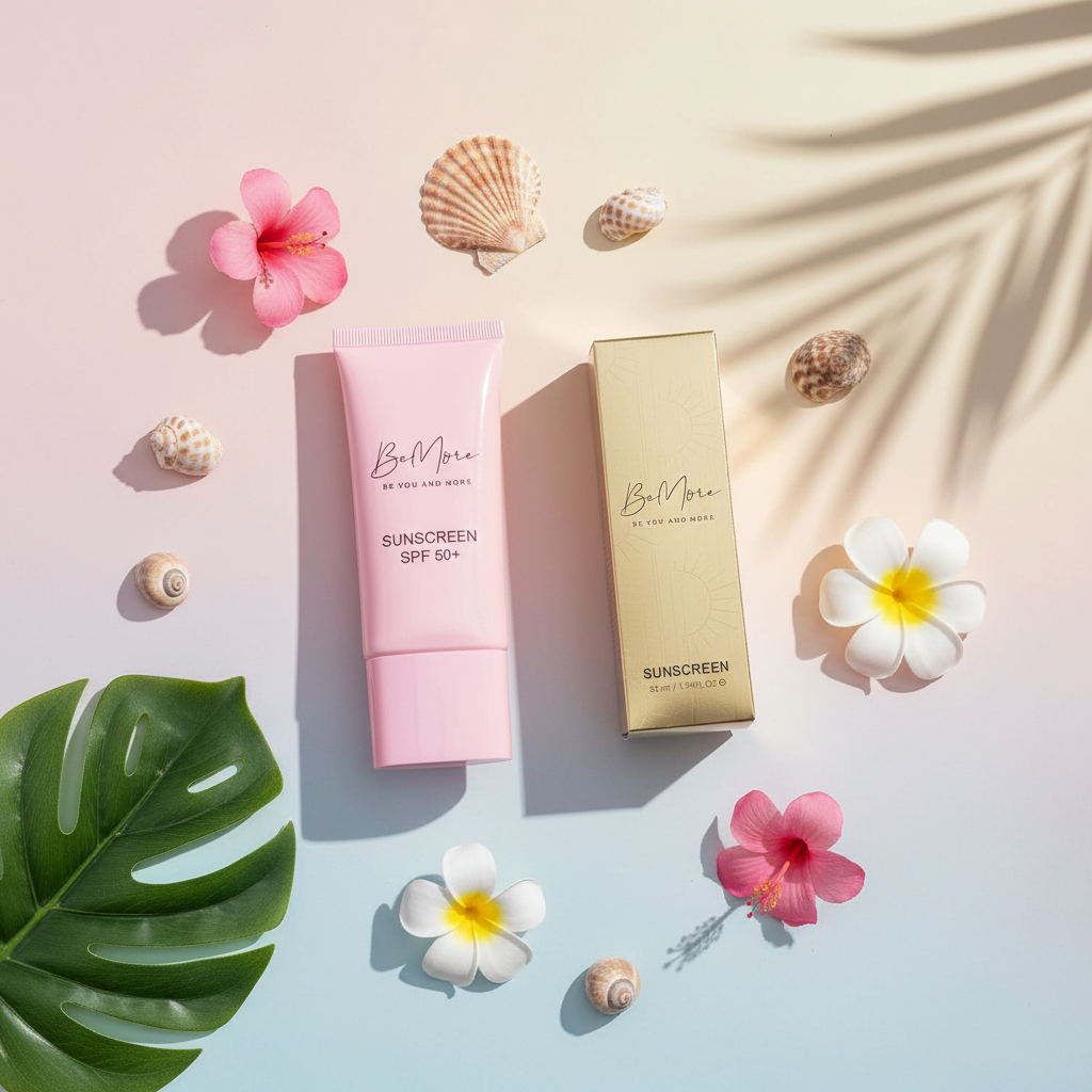 BeMore Sunscreen SPF 50+ editorial flat lay with tropical flowers and seashells