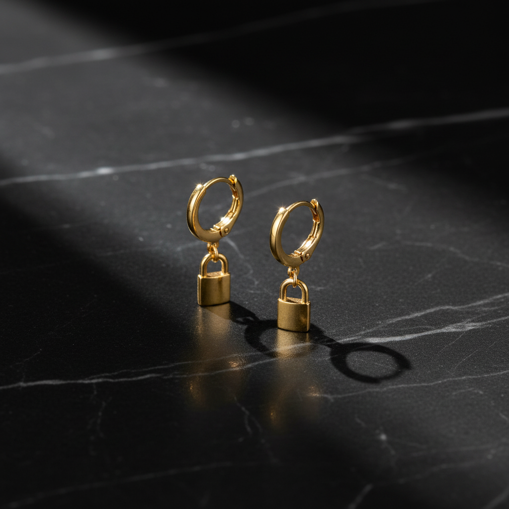 Gold Hoop Padlock Charm Earrings - Studio