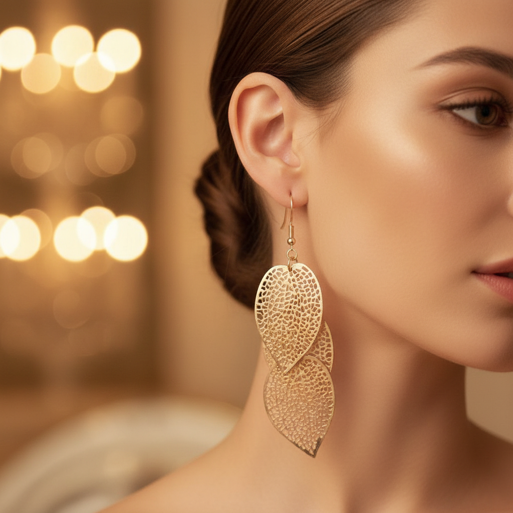 Gold Lace Leaf Drop Earrings - Lifestyle
