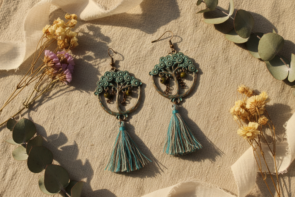 Boho tassel earrings flat lay on linen with dried wildflowers and eucalyptus