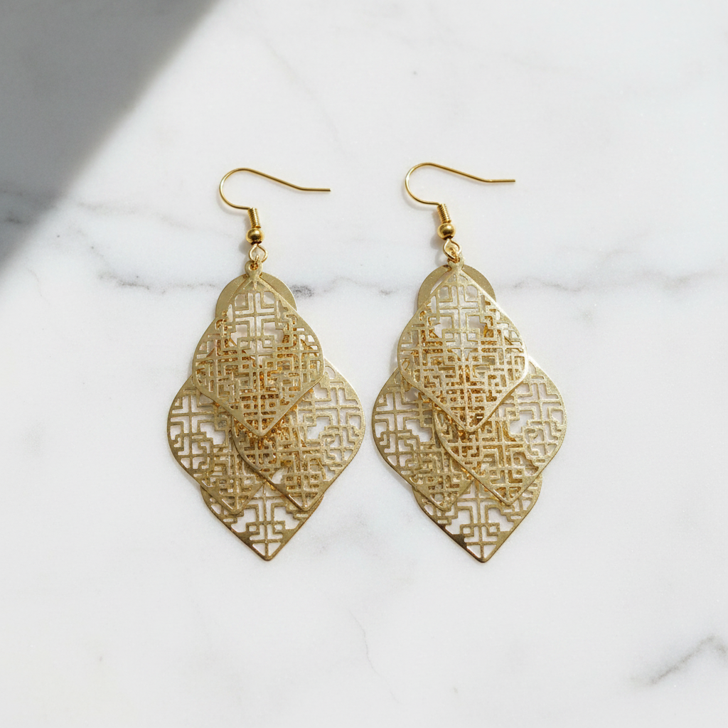 Gold Geometric Lattice Leaf Drop Earrings - Studio