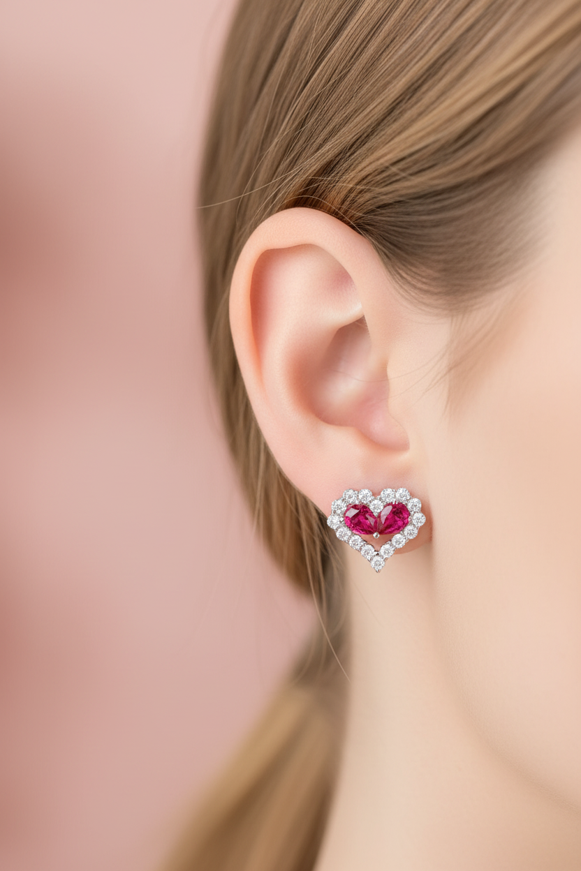 Heartshaped Red Earrings - Lifestyle Ear Shot