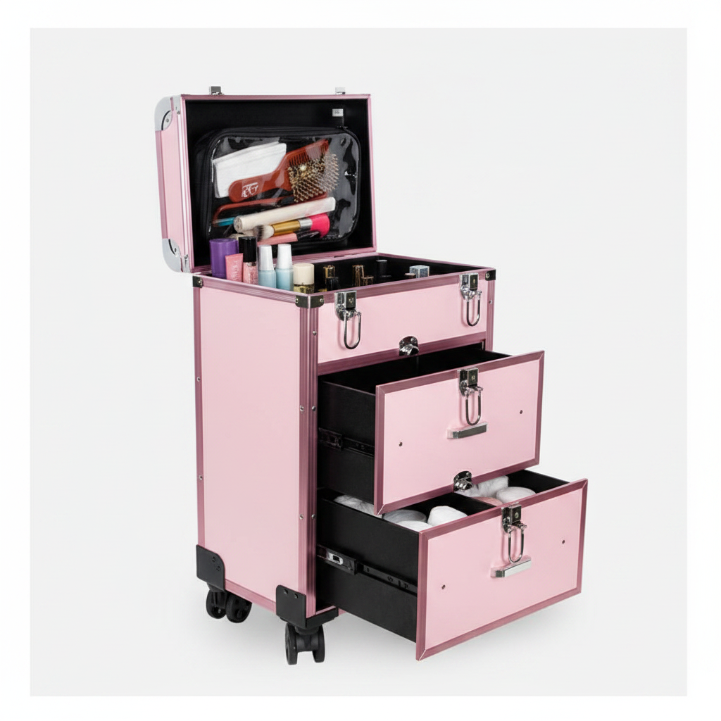 BeMore Aluminium Makeup Trolley open showing three-story storage capacity