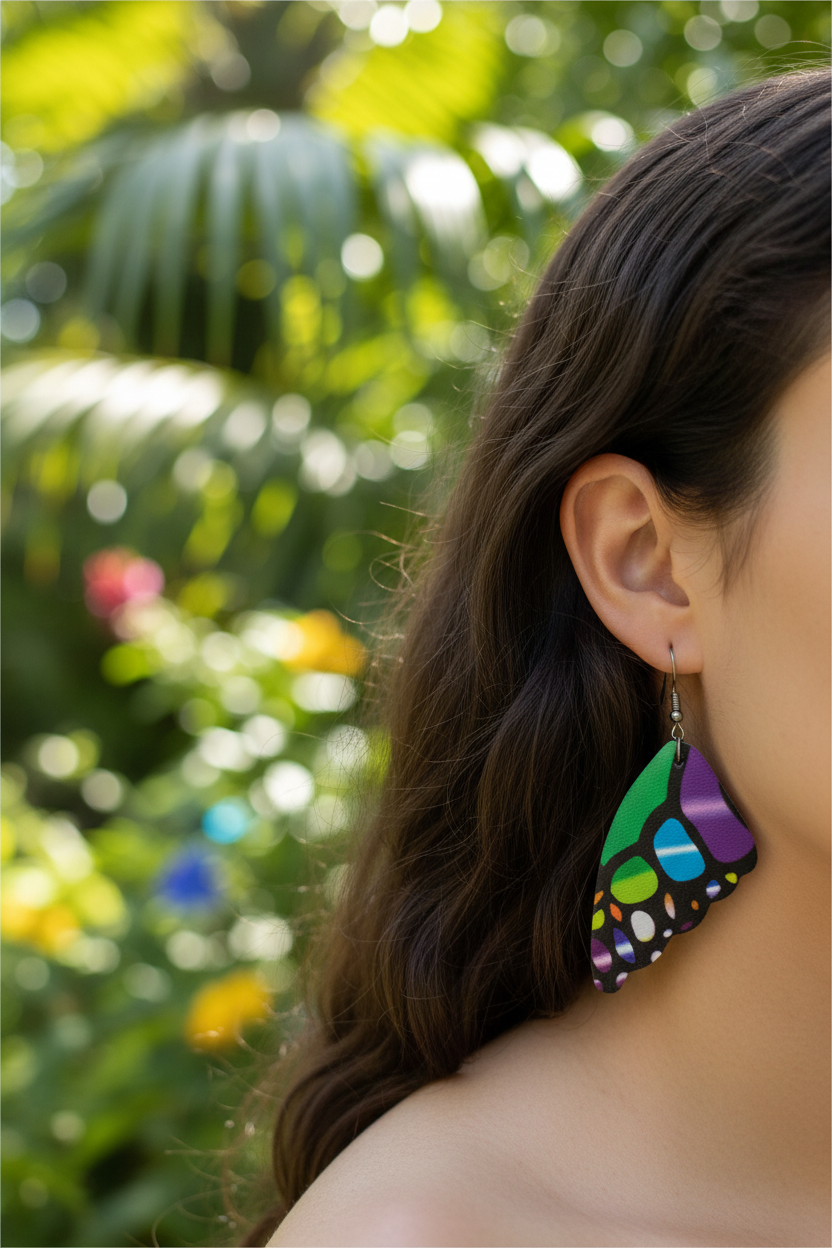 Green purple teal butterfly wing earrings worn on ear with tropical green bokeh