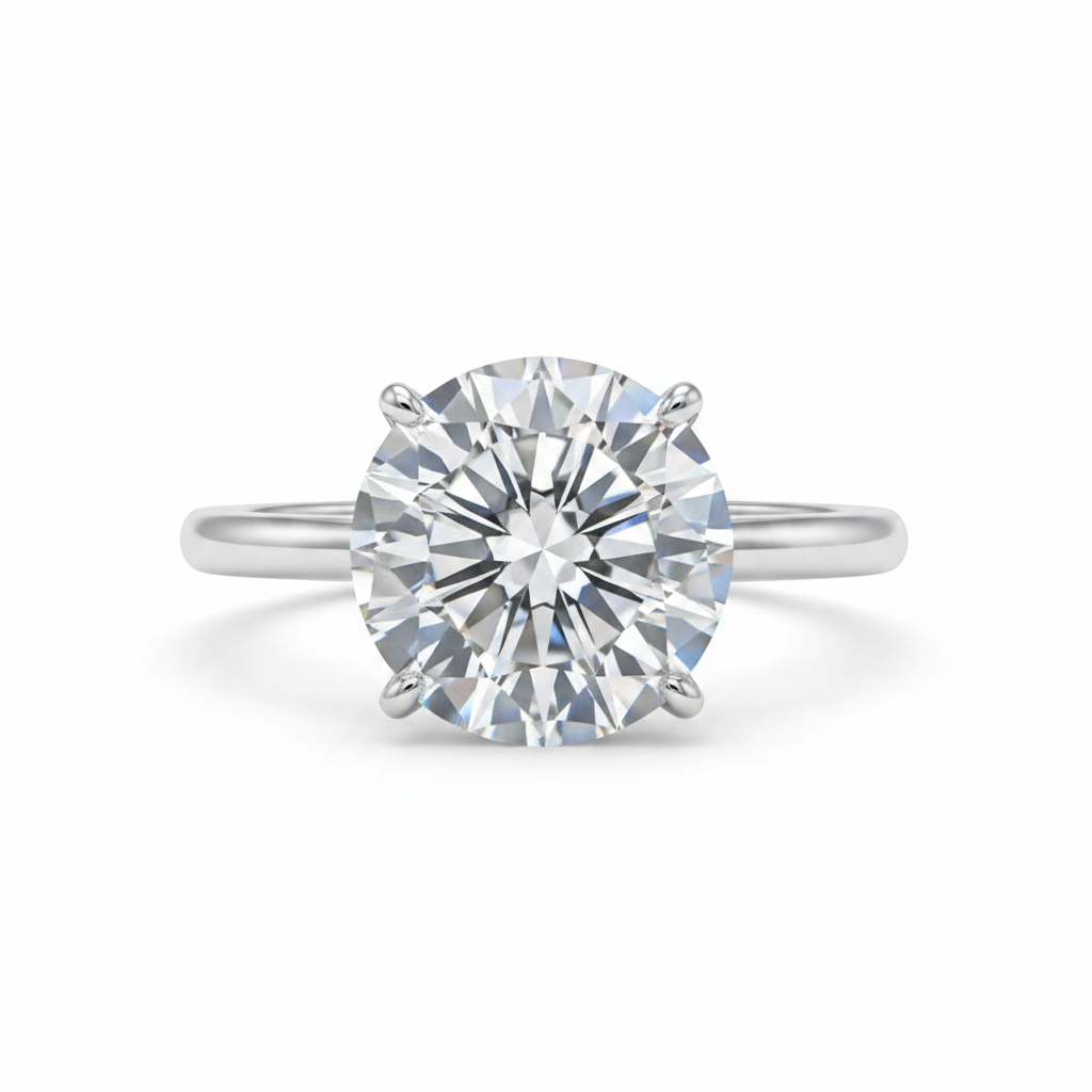 Round brilliant moissanite solitaire ring with crushed ice starburst faceting in six-prong silver setting on white background