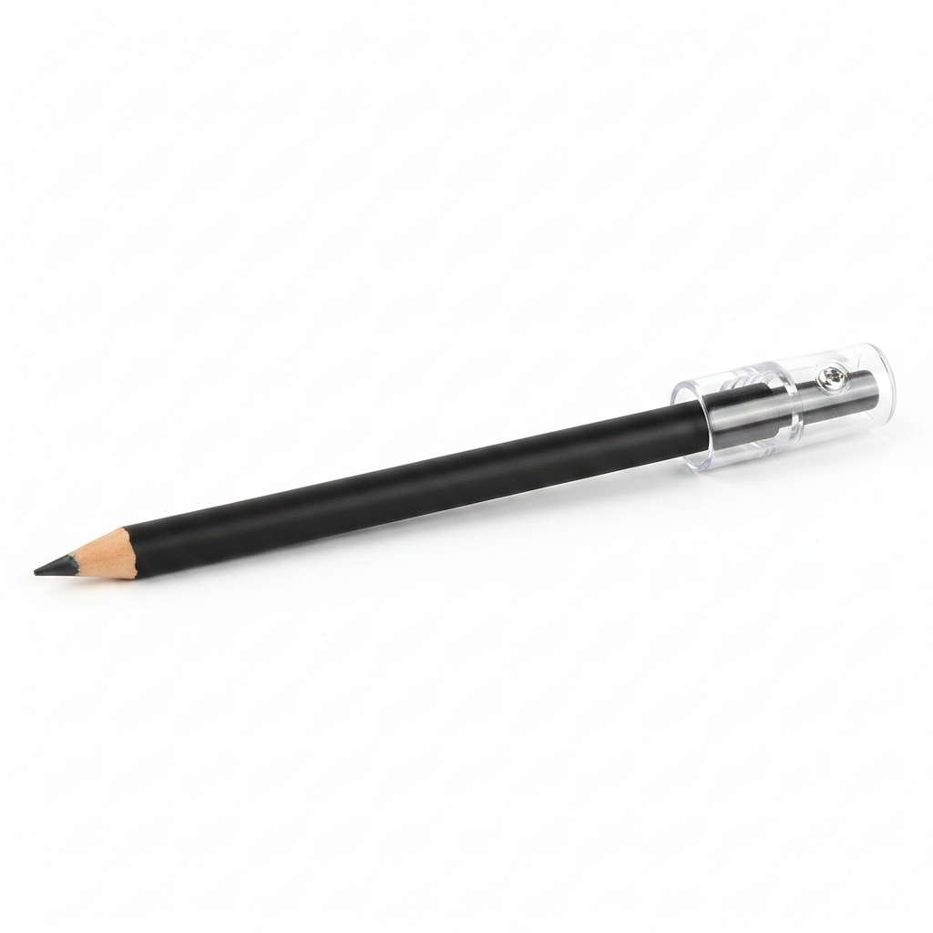 Deep black eye pencil with built-in sharpener cap on white background