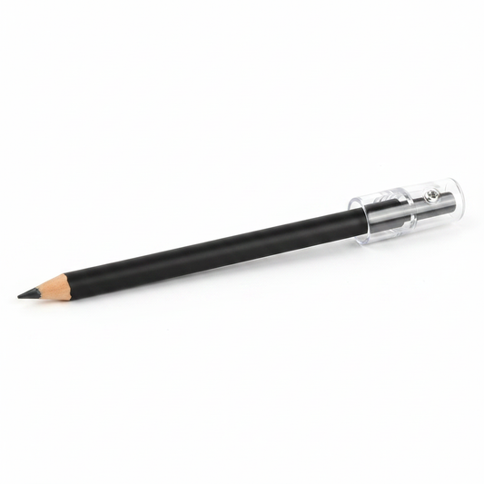 Deep black eye pencil with built-in sharpener cap on white background