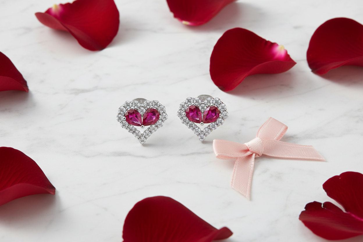 Heartshaped Red Earrings - Marble Flat Lay