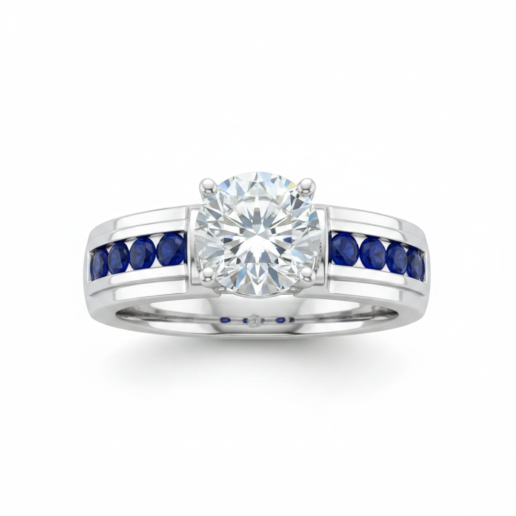 Bold 925 silver 2ct moissanite ring with round cabochon blue sapphire stones on pure white background