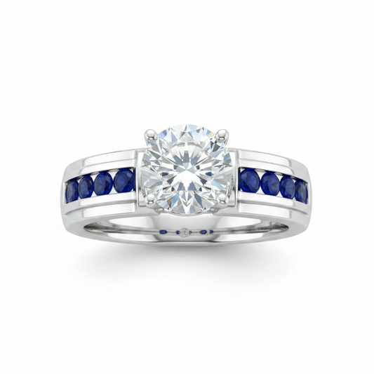 Bold 925 silver 2ct moissanite ring with round cabochon blue sapphire stones on pure white background
