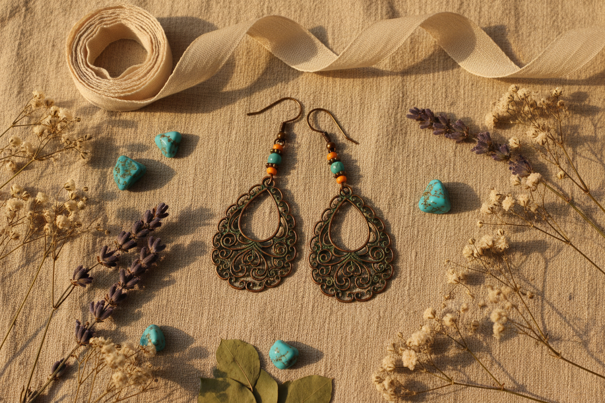 Copper-green filigree earrings flat lay on linen with dried botanicals and turquoise stones