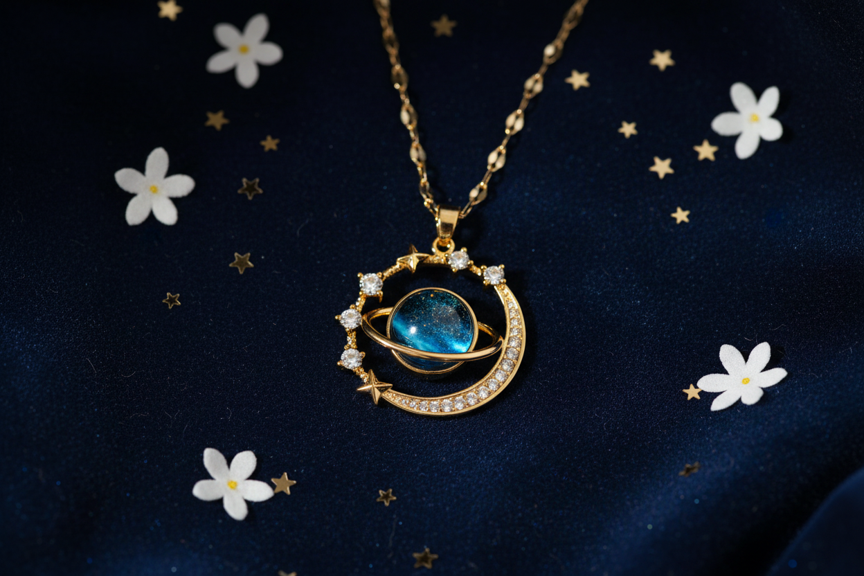 Gold saturn galaxy necklace flat lay on dark navy velvet with gold stars and white flowers