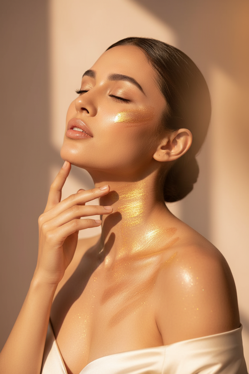 Woman with glowing radiant skin applying BeMore body highlighter on collarbone