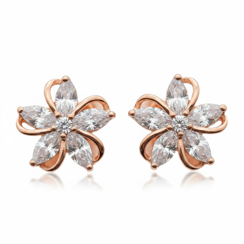 Rose gold flower stud earrings with clear crystal marquise petals on white background