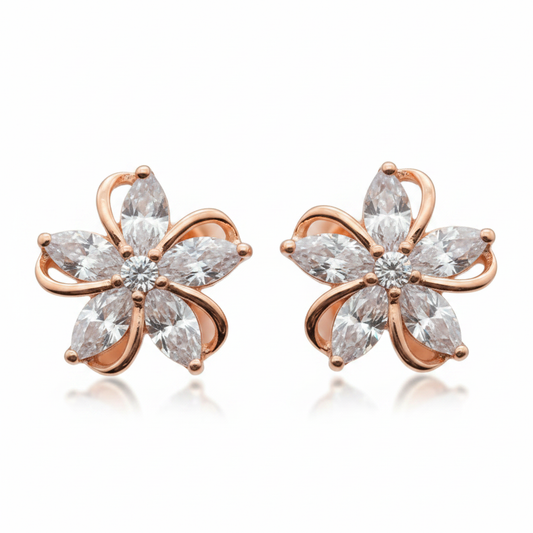 Rose gold flower stud earrings with clear crystal marquise petals on white background
