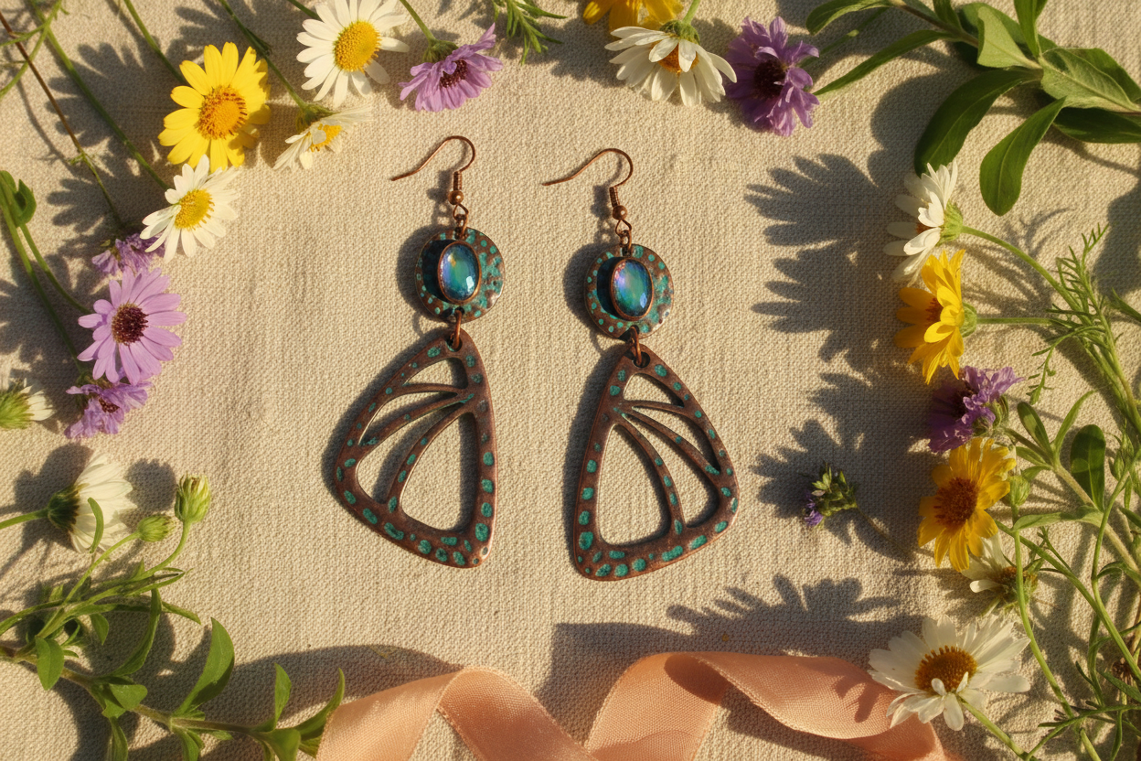 Copper butterfly wing earrings flat lay on linen with wildflowers and green leaves