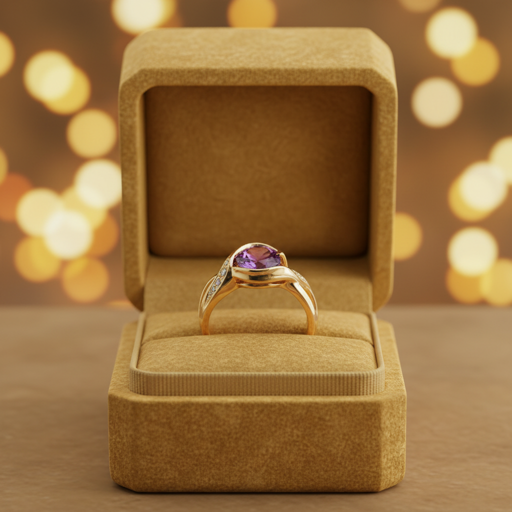 Gold amethyst ring displayed in open luxury gold velvet ring box