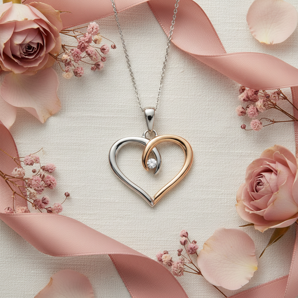 Silver and Rose Gold Heart Necklace - Gift Flat Lay