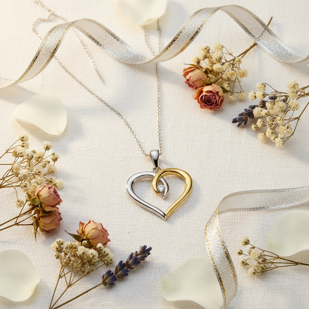 Silver and Gold Heart Necklace - Gift Flat Lay