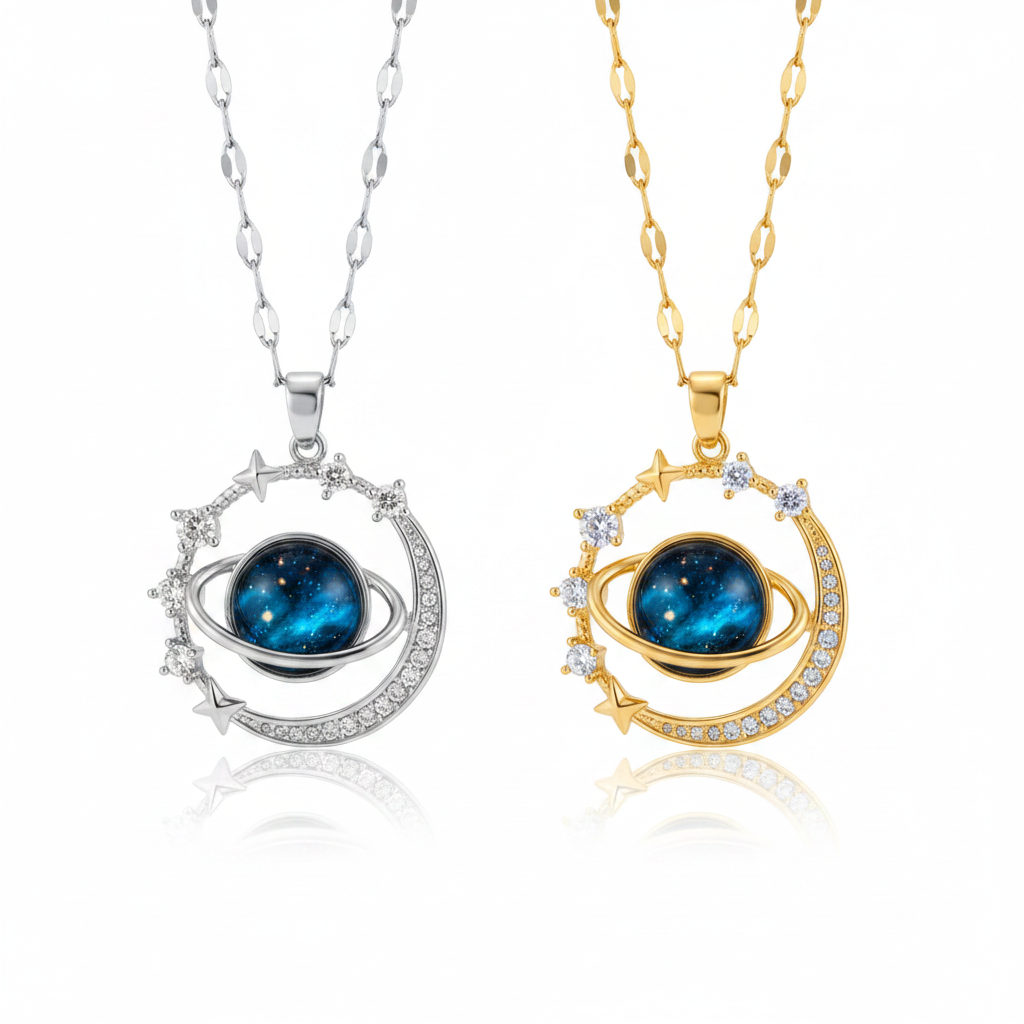 Silver and gold saturn galaxy necklaces side by side on pure white background