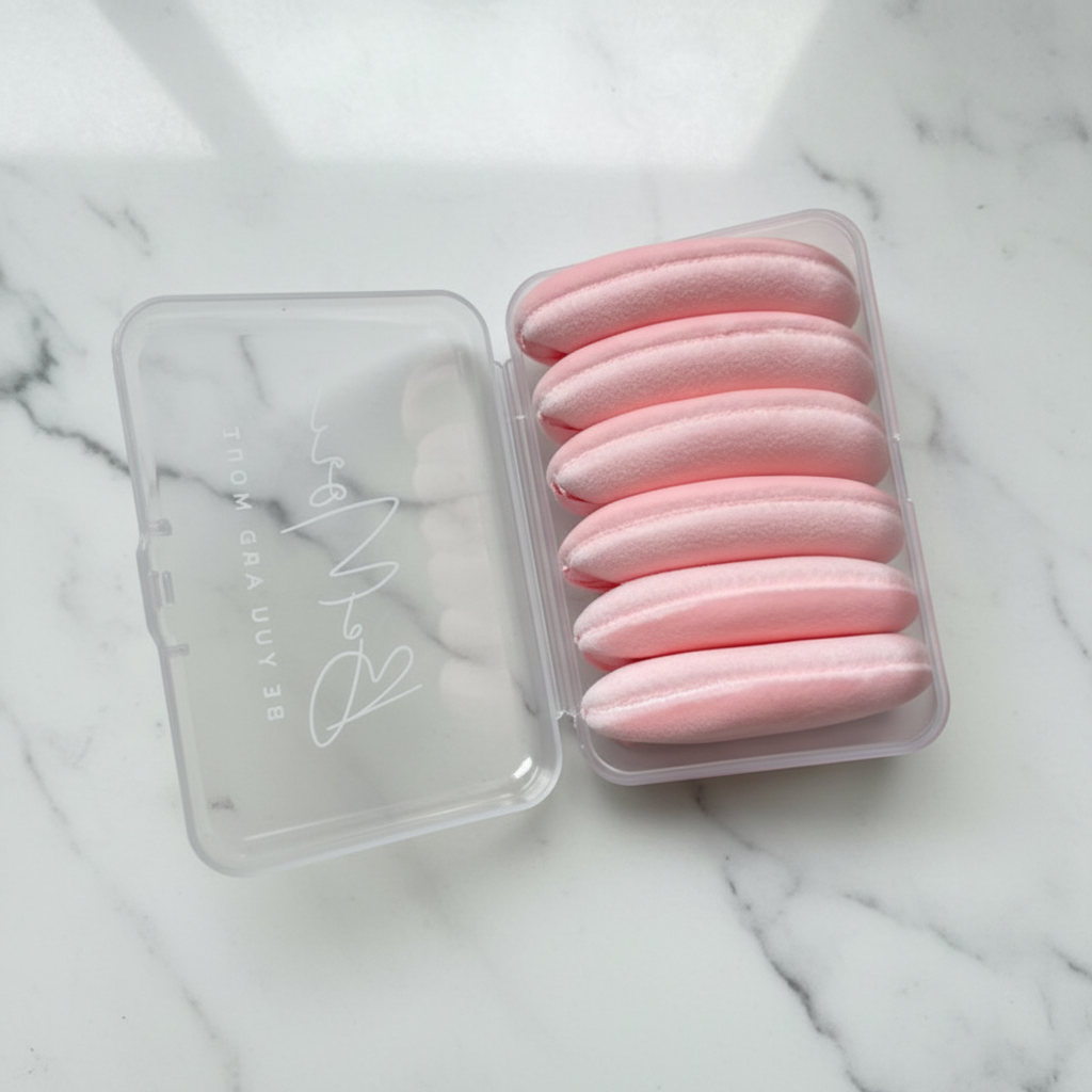 BeMore Puff Pads - flat lay of clear box with BeMore Beauty branding