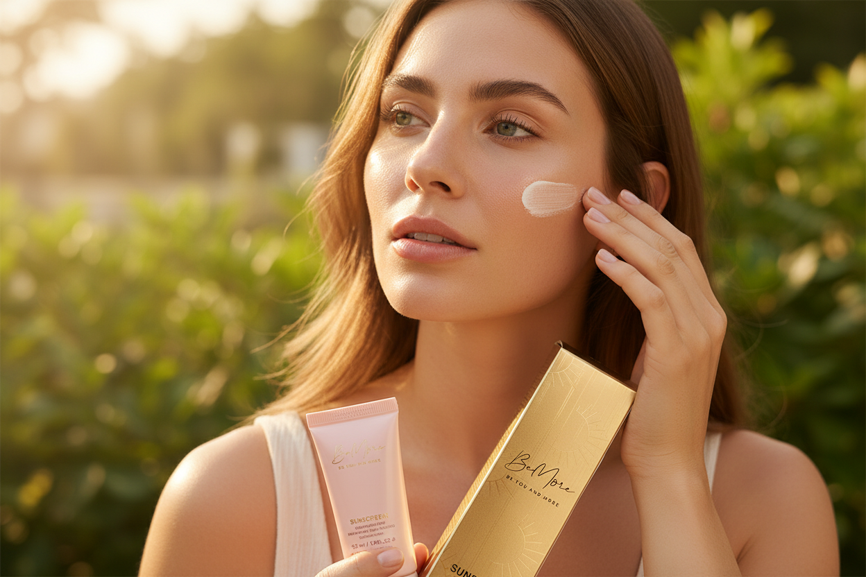 Woman applying BeMore Sunscreen SPF 50+ in sunny outdoor lifestyle setting