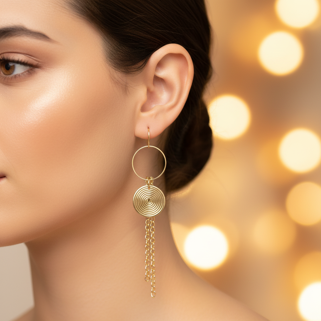 Gold Hoop Spiral Chain Tassel Earrings - Lifestyle