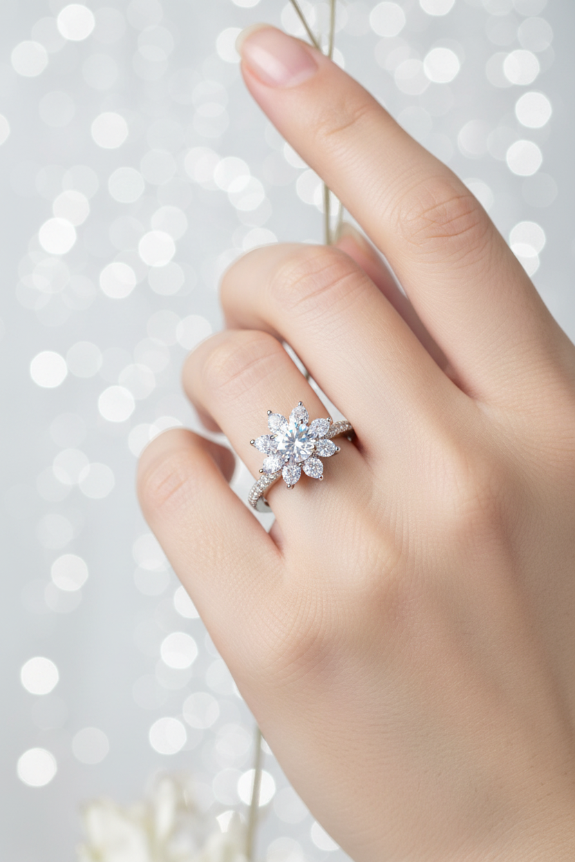 Silver moissanite flower ring with marquise petals worn on elegant finger with soft silver bokeh