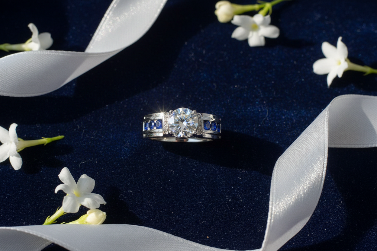 Bold moissanite ring with round cabochon blue sapphire sides flat lay on navy velvet with white flowers