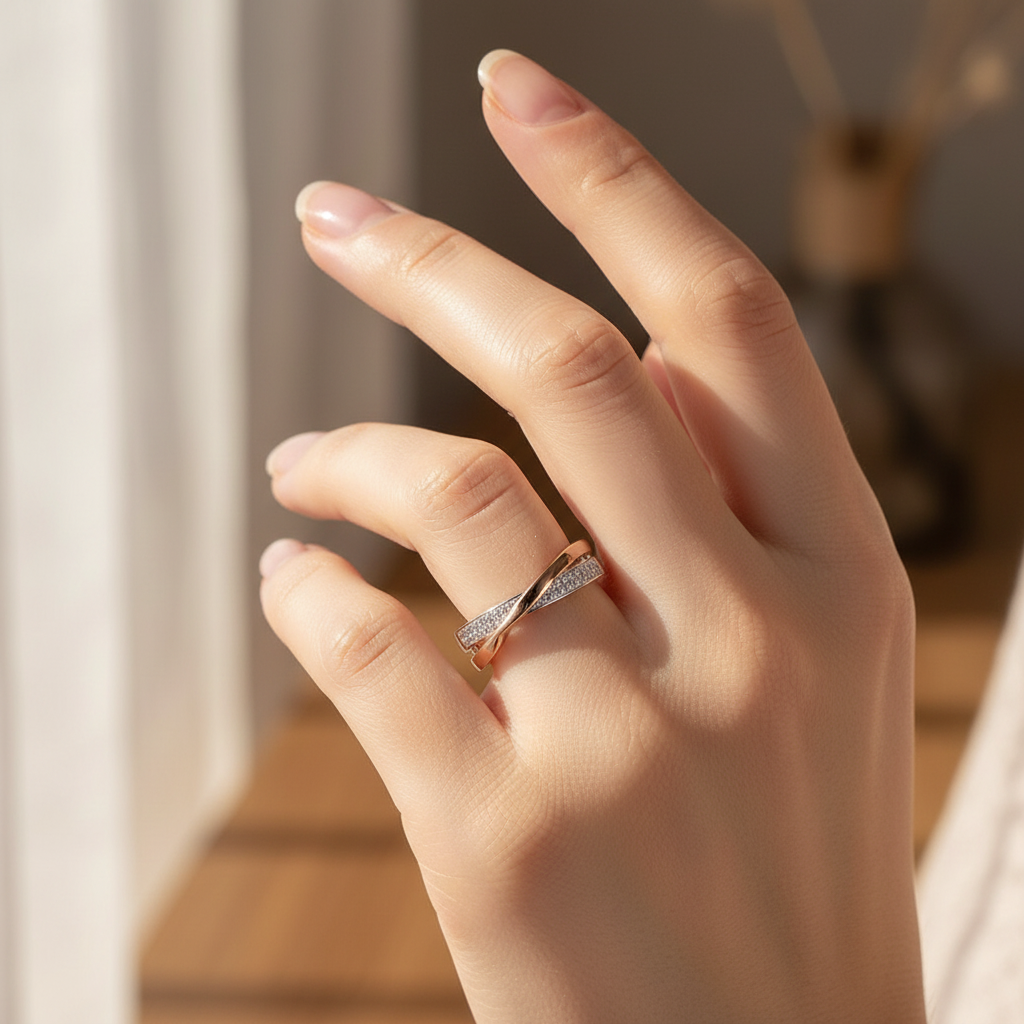 BeMore Elegance Series Twisted Duo Crossover Ring Rose Gold Silver worn on hand