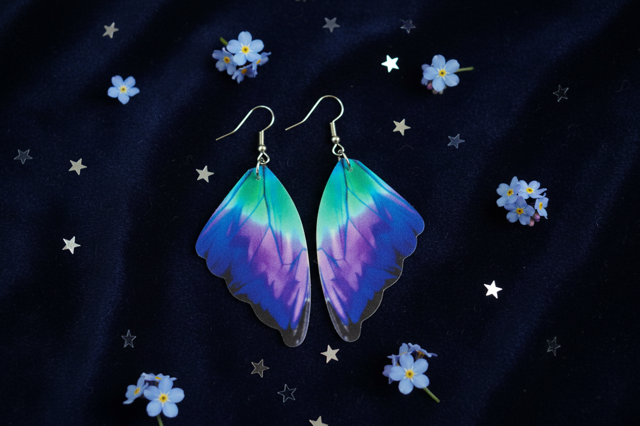 Blue teal purple butterfly wing earrings flat lay on navy velvet with blue flowers and star confetti