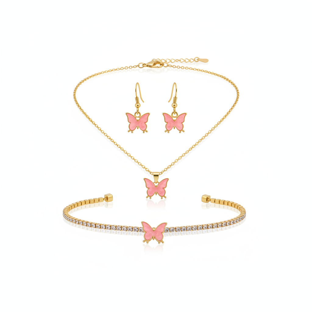Pink Butterfly Jewellery Set - Thumbnail