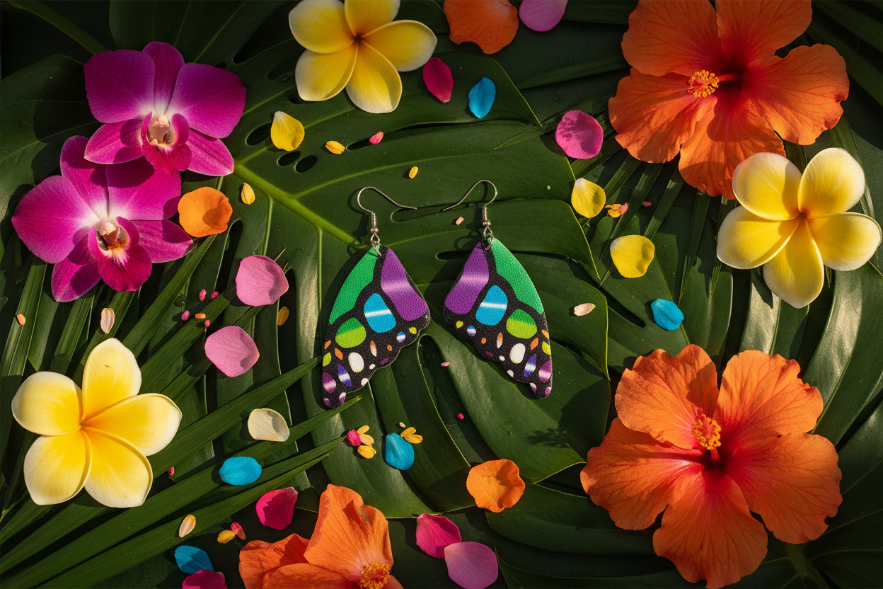 Green purple teal butterfly wing earrings flat lay on tropical leaves with exotic flowers