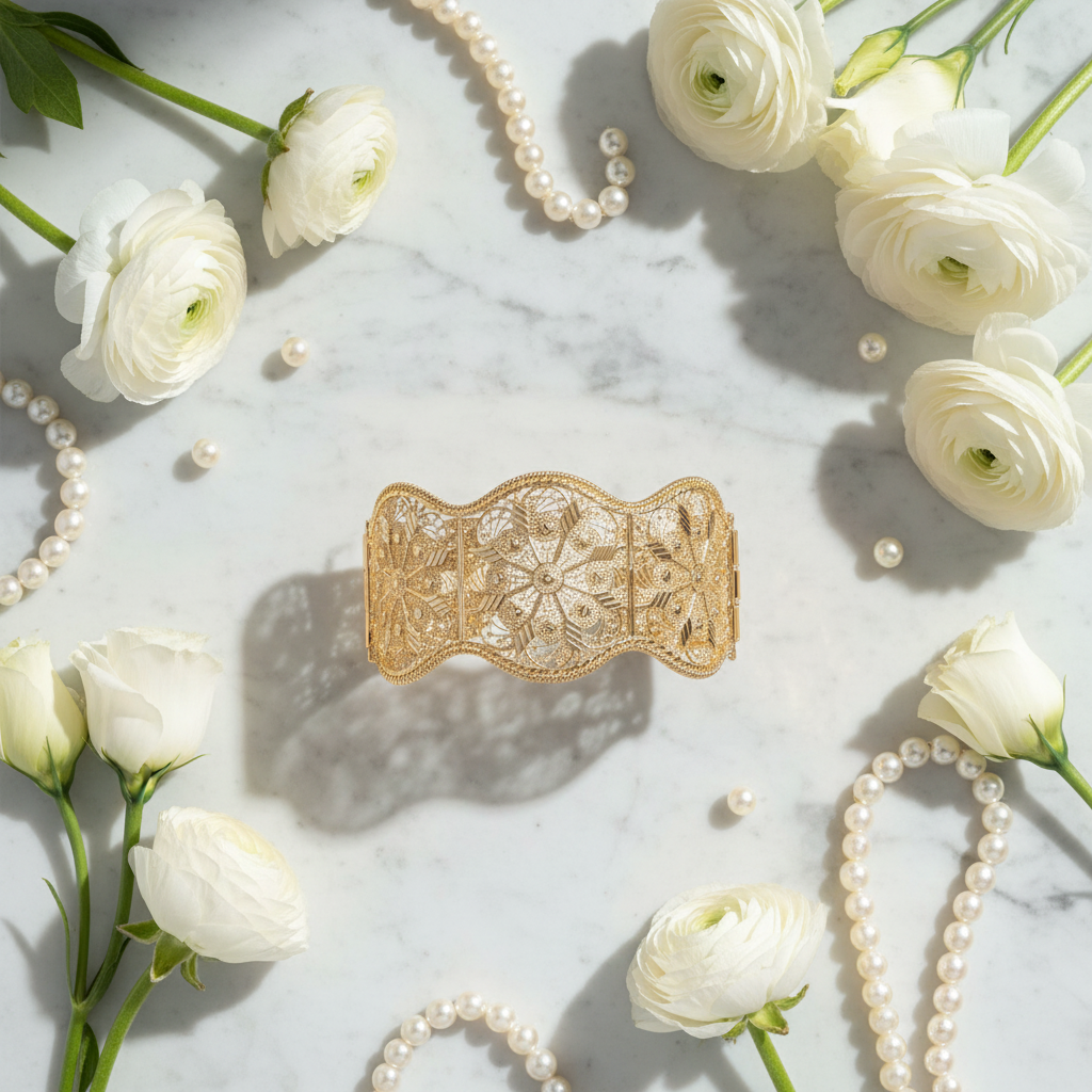 Gold filigree bracelet luxury flat lay with flowers and pearls