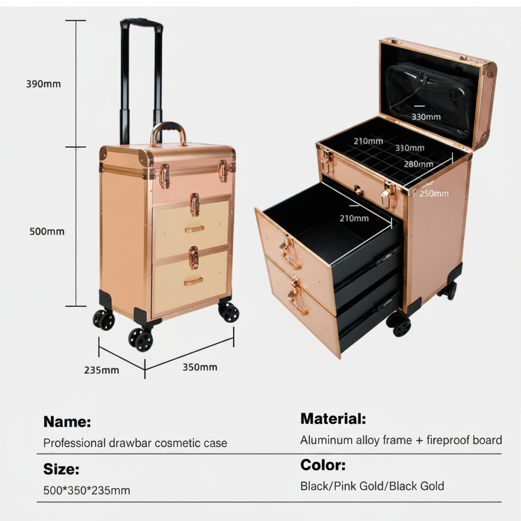 BeMore Aluminium Makeup Trolley rose gold with dimensions and interior view