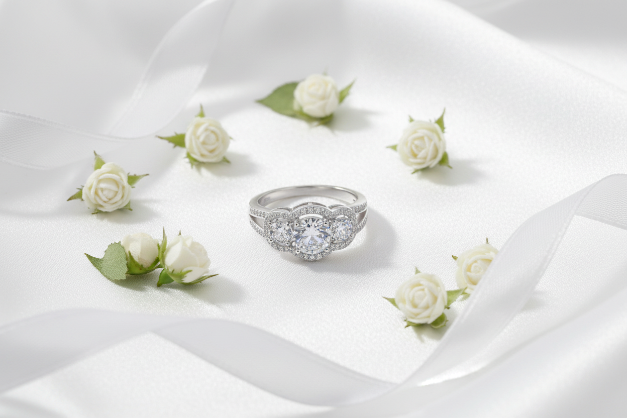 Three-stone halo ring flat lay on white satin with white roses and silver ribbon