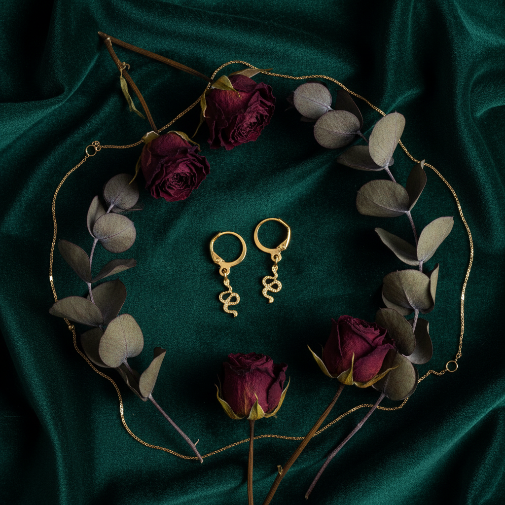 Gold Hoop Snake Charm Earrings - Flat Lay