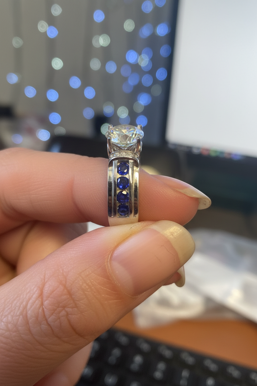 925 silver 2ct moissanite ring with round cabochon blue sapphire sides worn on elegant finger