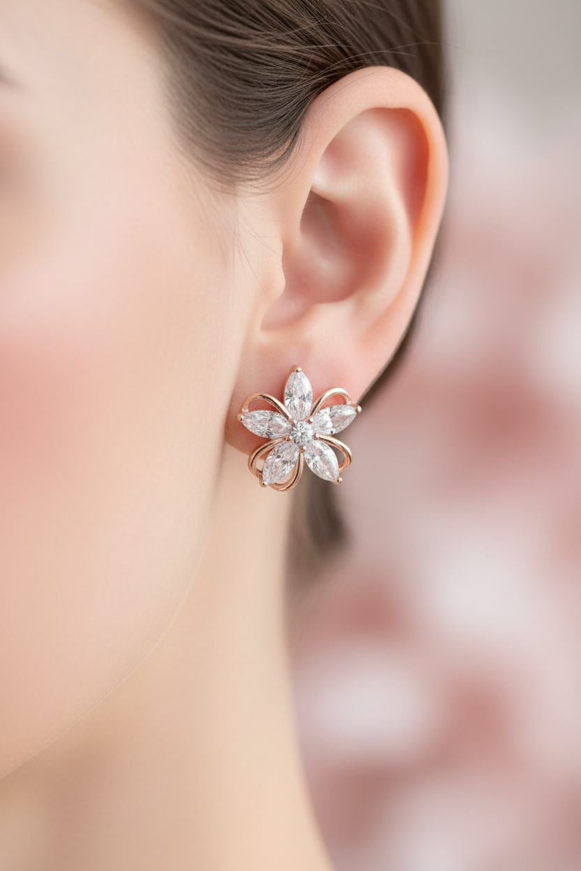 Rose gold flower crystal stud earrings worn on ear with soft blush pink bokeh