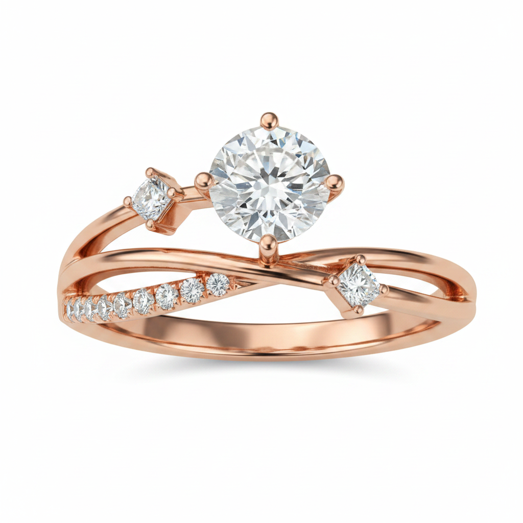 Rose gold solitaire ring with round brilliant diamond in twisted bypass band on white background