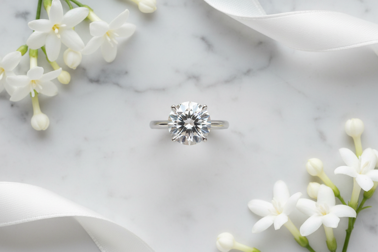 Moissanite solitaire ring flat lay on white marble with white flowers and silk ribbon